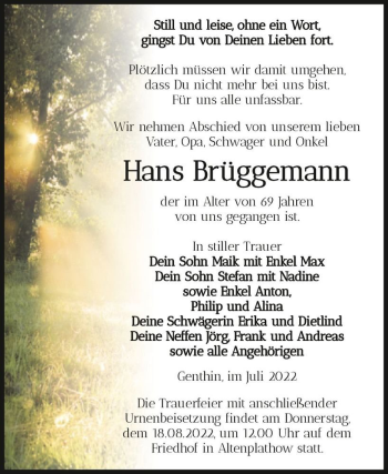 Traueranzeige von Hans Brüggemann  von Magdeburger Volksstimme