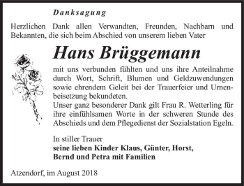Traueranzeige von Hans Brüggemann  von Magdeburger Volksstimme
