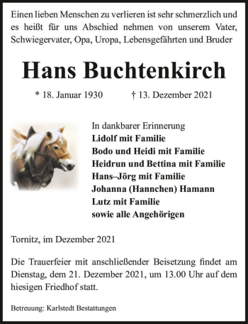 Traueranzeige von Hans Buchtenkirch  von Magdeburger Volksstimme
