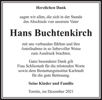 Traueranzeige von Hans Buchtenkirch  von Magdeburger Volksstimme