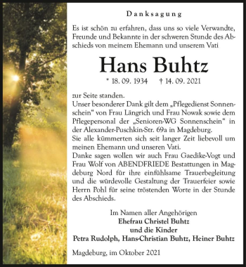 Traueranzeige von Hans Buhtz  von Magdeburger Volksstimme