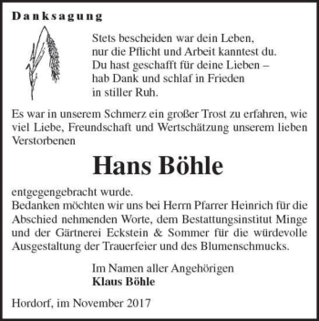 Traueranzeige von Hans Böhle  von Magdeburger Volksstimme