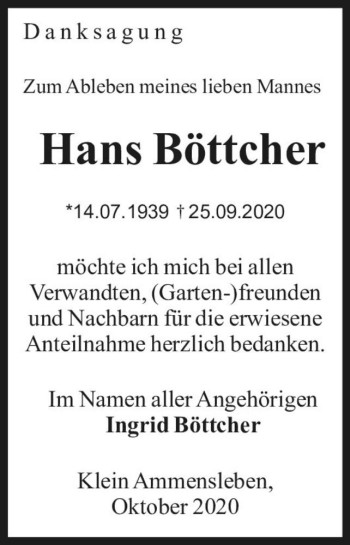 Traueranzeige von Hans Böttcher  von Magdeburger Volksstimme