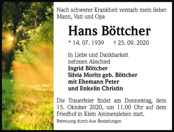Traueranzeige von Hans Böttcher  von Magdeburger Volksstimme