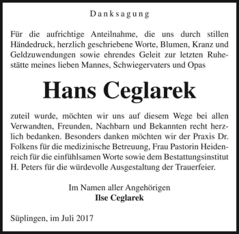 Traueranzeige von Hans Ceglarek  von Magdeburger Volksstimme
