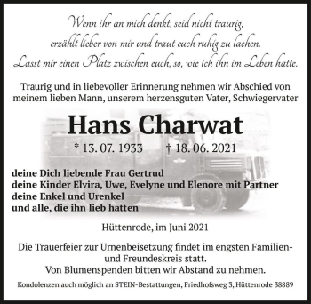 Traueranzeige von Hans Charwat  von Magdeburger Volksstimme