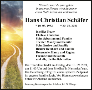 Traueranzeige von Hans Christian Schäfer  von Magdeburger Volksstimme