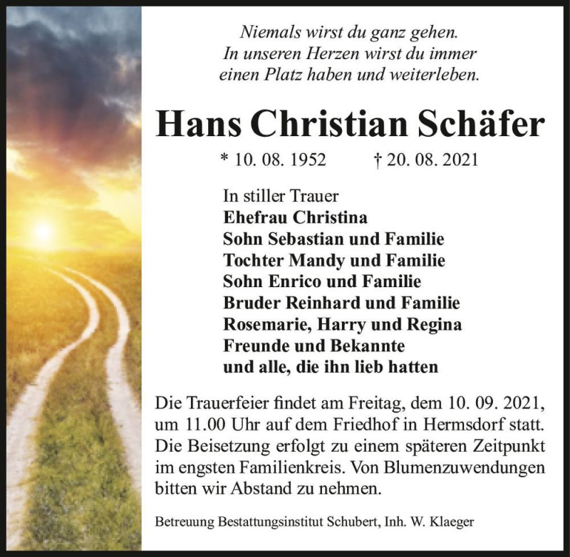  Traueranzeige für Hans Christian Schäfer  vom 28.08.2021 aus Magdeburger Volksstimme