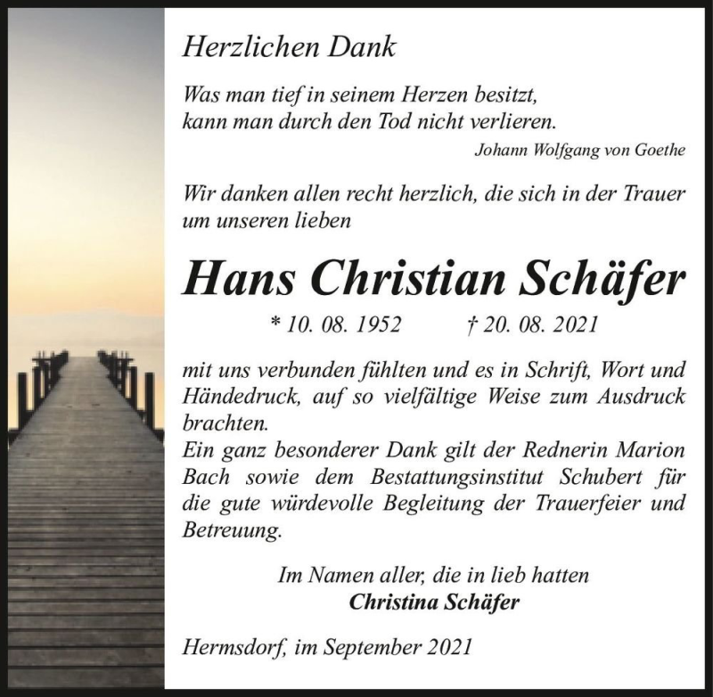  Traueranzeige für Hans Christian Schäfer  vom 25.09.2021 aus Magdeburger Volksstimme
