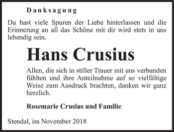 Traueranzeige von Hans Crusius  von Magdeburger Volksstimme