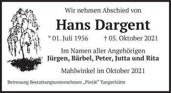 Traueranzeige von Hans Dargent  von Magdeburger Volksstimme