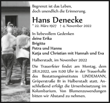 Traueranzeige von Hans Denecke  von Magdeburger Volksstimme