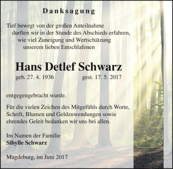 Traueranzeige von Hans Detlef Schwarz  von Magdeburger Volksstimme