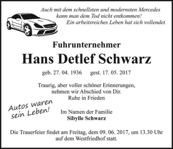 Traueranzeige von Hans Detlef Schwarz  von Magdeburger Volksstimme
