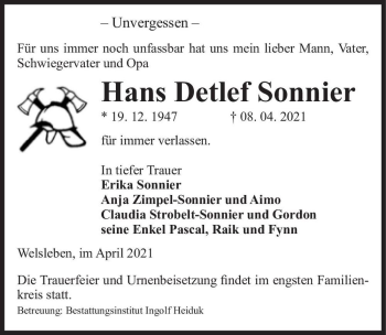 Traueranzeige von Hans Detlef Sonnier  von Magdeburger Volksstimme