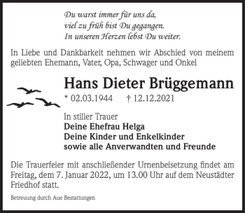 Traueranzeige von Hans Dieter Brüggemann  von Magdeburger Volksstimme