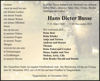 Traueranzeige von Hans Dieter Busse  von Magdeburger Volksstimme