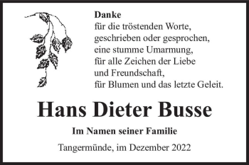 Traueranzeige von Hans Dieter Busse  von Magdeburger Volksstimme