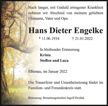 Traueranzeige von Hans Dieter Engelke  von Magdeburger Volksstimme