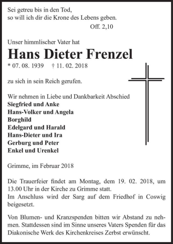 Traueranzeige von Hans Dieter Frenzel  von Magdeburger Volksstimme