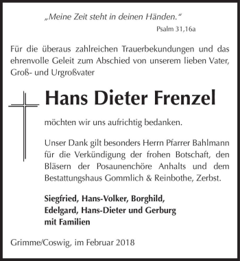 Traueranzeige von Hans Dieter Frenzel  von Magdeburger Volksstimme