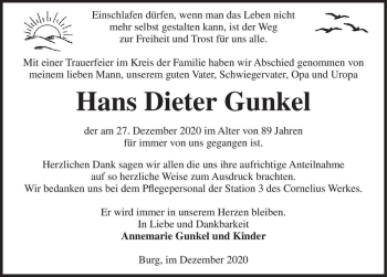 Traueranzeige von Hans Dieter Gunkel  von Magdeburger Volksstimme