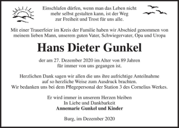 Traueranzeige von Hans Dieter Gunkel  von Magdeburger Volksstimme