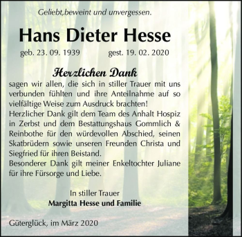 Traueranzeige von Hans Dieter Hesse  von Magdeburger Volksstimme