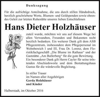 Traueranzeige von Hans Dieter Holzhäuser  von Magdeburger Volksstimme