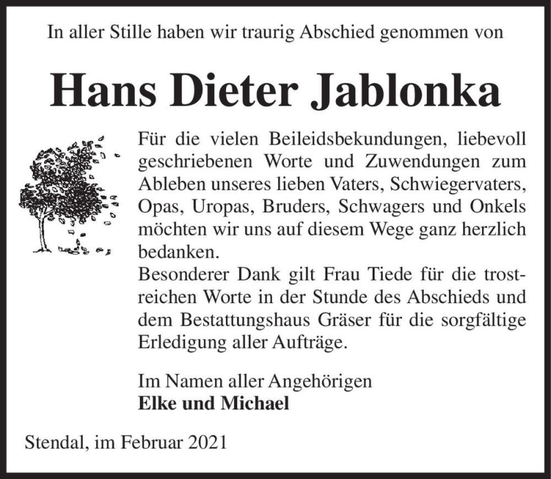  Traueranzeige für Hans Dieter Jablonka  vom 13.02.2021 aus Magdeburger Volksstimme