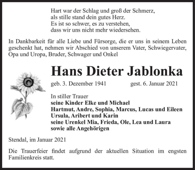  Traueranzeige für Hans Dieter Jablonka  vom 13.01.2021 aus Magdeburger Volksstimme