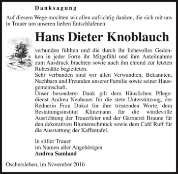 Traueranzeige von Hans Dieter Knoblauch  von Magdeburger Volksstimme