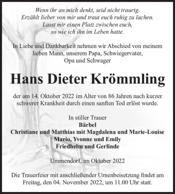 Traueranzeige von Hans Dieter Krömmling  von Magdeburger Volksstimme