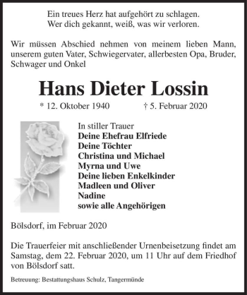 Traueranzeige von Hans Dieter Lossin  von Magdeburger Volksstimme