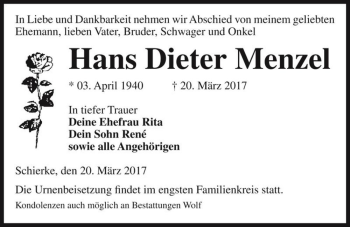 Traueranzeige von Hans Dieter Menzel  von Magdeburger Volksstimme