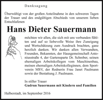 Traueranzeige von Hans Dieter Sauermann  von Magdeburger Volksstimme
