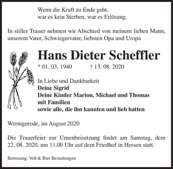 Traueranzeige von Hans Dieter Scheffler  von Magdeburger Volksstimme