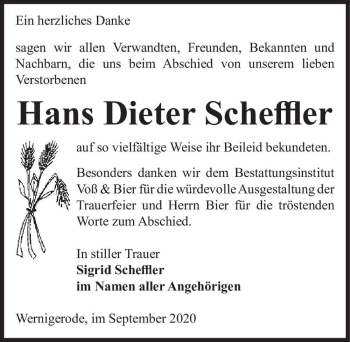 Traueranzeige von Hans Dieter Scheffler  von Magdeburger Volksstimme