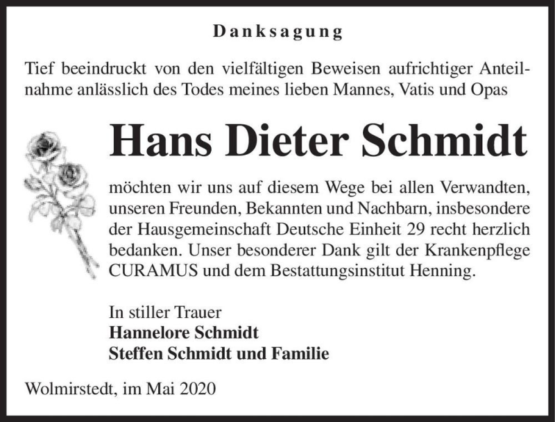  Traueranzeige für Hans Dieter Schmidt  vom 30.05.2020 aus Magdeburger Volksstimme