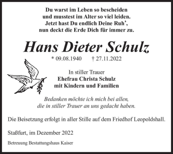 Traueranzeige von Hans Dieter Schulz  von Magdeburger Volksstimme