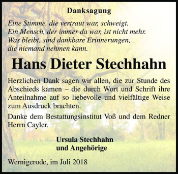 Traueranzeige von Hans Dieter Stechhahn  von Magdeburger Volksstimme