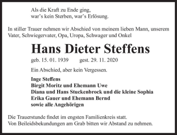 Traueranzeige von Hans Dieter Steffens  von Magdeburger Volksstimme