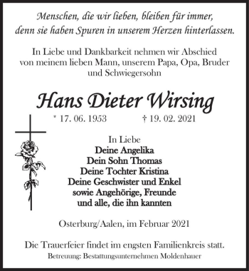 Traueranzeige von Hans Dieter Wirsing  von Magdeburger Volksstimme