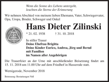 Traueranzeige von Hans Dieter Zilinski  von Magdeburger Volksstimme