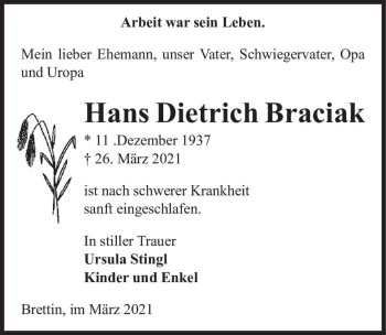 Traueranzeige von Hans Dietrich Braciak  von Magdeburger Volksstimme