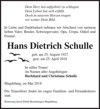 Traueranzeige von Hans Dietrich Schulle  von Magdeburger Volksstimme
