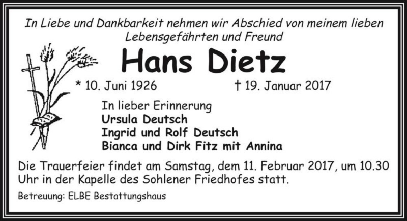  Traueranzeige für Hans Dietz  vom 04.02.2017 aus Magdeburger Volksstimme