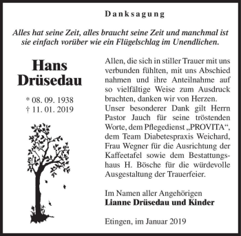 Traueranzeige von Hans Drüsedau  von Magdeburger Volksstimme