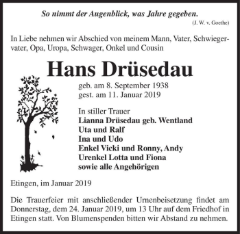 Traueranzeige von Hans Drüsedau  von Magdeburger Volksstimme