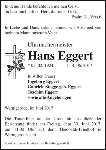 Traueranzeige von Hans Eggert  von Magdeburger Volksstimme